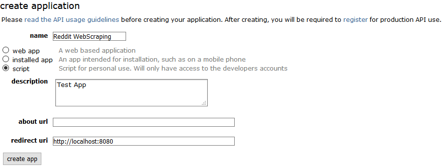 Create a new Reddit Application